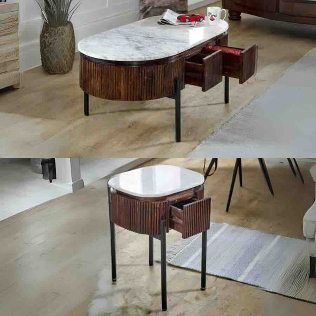 Retro-Fluted-Mango-Wood-_-Marble-Top-Matching-Coffee-Table-_-Side-Table-Set-Metal-Legs-With-Drawer