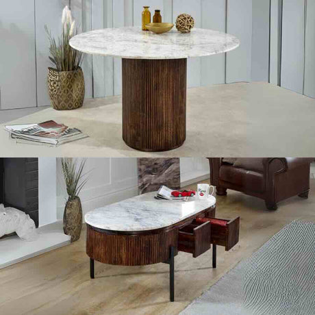 Retro-Fluted-Mango-Wood-_-White-Marble-Top-Matching-Dining-Table-_-Coffee-Table-Set