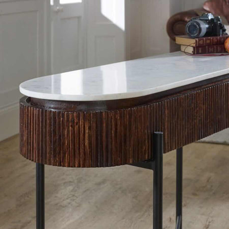 Retro-Oval-Fluted-Mango-Wood-_-White-Marble-Top-Console-Hallway-Table-Metal-Legs-With-Drawers-120cm