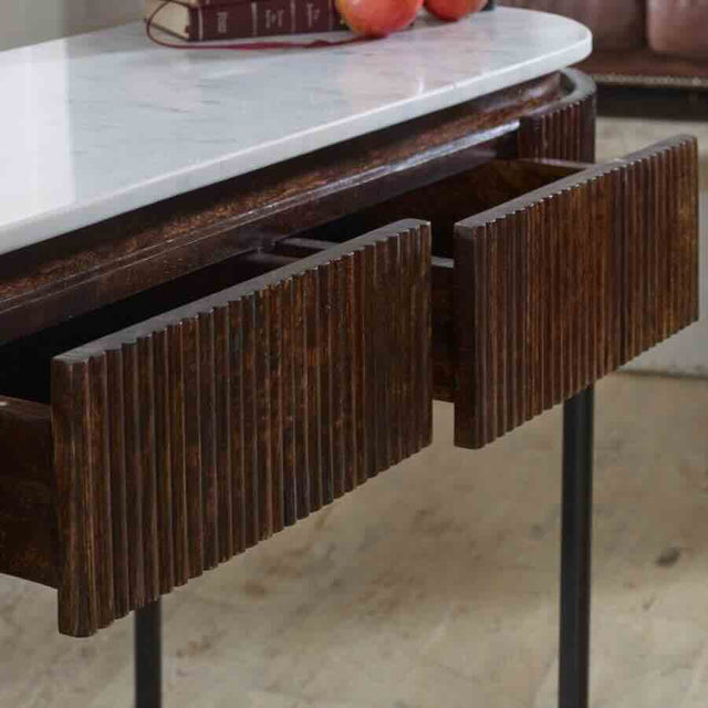 Retro-Oval-Fluted-Mango-Wood-_-White-Marble-Top-Console-Hallway-Table-Metal-Legs-With-Drawers-120cm