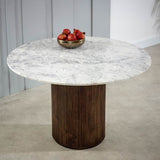 Kampala Luxury Matching Round White Marble Dining Table And Coffee Table Set With Fluted Mango Wood Base