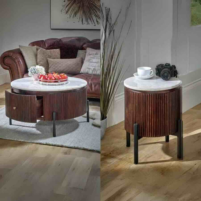 Retro-Round-Fluted-Mango-Wood-_-White-Marble-Top-Matching-Coffee-Table-_-Side-Table-Set-With-Metal-Legs