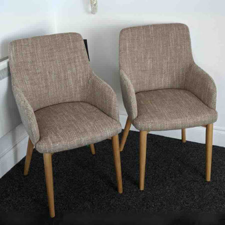 Rustic-Brown-Oatmeal-Tweed-Dining-Chair-Wooden-Legs-Set-of-2