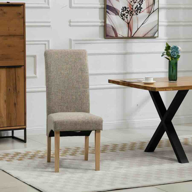  Rustic-Brown-Oatmeal-Tweed-Wave-Back-Dining-Chair-Wooden-Legs-Set-of-2