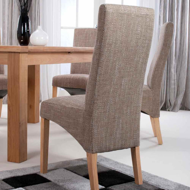 Rustic-Brown-Oatmeal-Tweed-Wave-Back-Dining-Chair-Wooden-Legs-Set-of-2