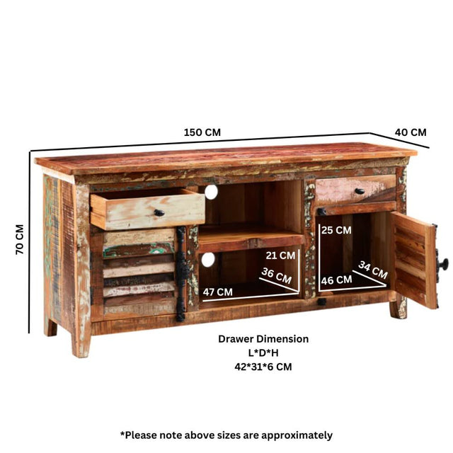 Salcombe Rustic Reclaimed Coastal Wood Large TV Stand With Storage