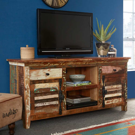 Salcombe Rustic Reclaimed Coastal Wood Large TV Stand With Storage