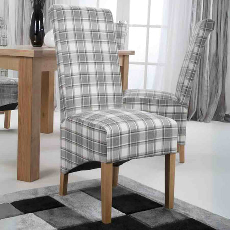 Rustic-Grey-Checkered-Herringbone-Scroll-Back-Dining-Chairs-Wooden-Legs-Set-of-2