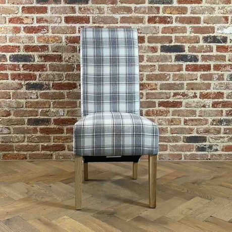 Rustic-Grey-Checkered-Herringbone-Scroll-Back-Dining-Chairs-Wooden-Legs-Set-of-2