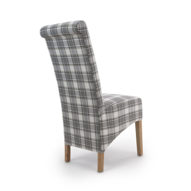 Rustic-Grey-Checkered-Herringbone-Scroll-Back-Dining-Chairs-Wooden-Legs-Set-of-2