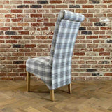 Rustic-Grey-Checkered-Herringbone-Scroll-Back-Dining-Chairs-Wooden-Legs-Set-of-2