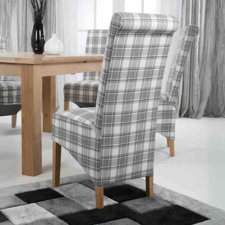 Rustic-Grey-Checkered-Herringbone-Scroll-Back-Dining-Chairs-Wooden-Legs-Set-of-2