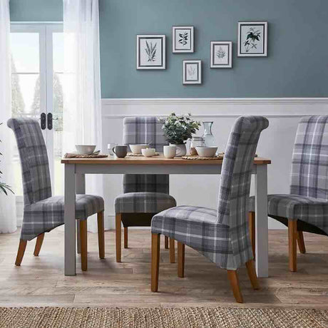 Rustic-Grey-Checkered-Linen-Scroll-Back-Dining-Chair-Wooden-Legs-Set-of-2