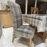 Rustic-Grey-Checkered-Linen-Scroll-Back-Dining-Chair-Wooden-Legs-Set-of-2