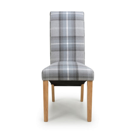 Rustic-Grey-Checkered-Linen-Scroll-Back-Dining-Chair-Wooden-Legs-Set-of-2