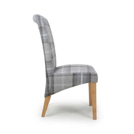 Rustic-Grey-Checkered-Linen-Scroll-Back-Dining-Chair-Wooden-Legs-Set-of-2