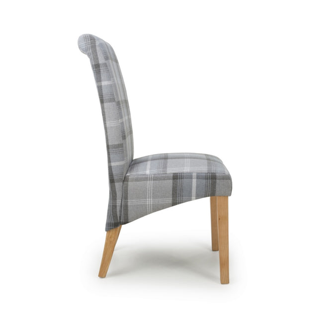 Rustic-Grey-Checkered-Linen-Scroll-Back-Dining-Chair-Wooden-Legs-Set-of-2