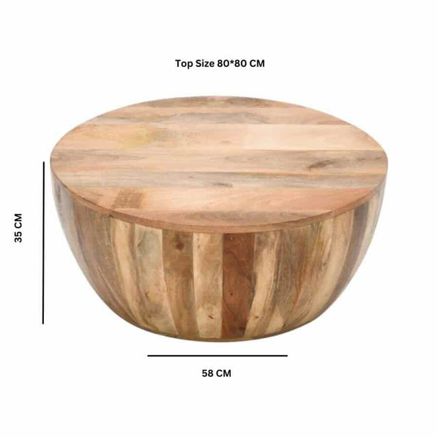 Kochi Rustic 80cm Round Mango Wood Coffee Table Drum Style