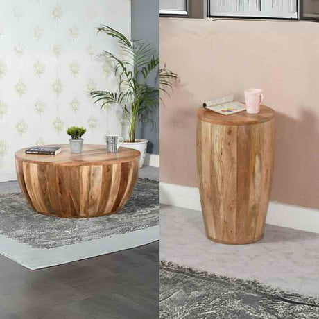 Rustic-Round-Solid-Mango-Wood-Coffee-Table-_-Side-Table-Set-Drum-Style