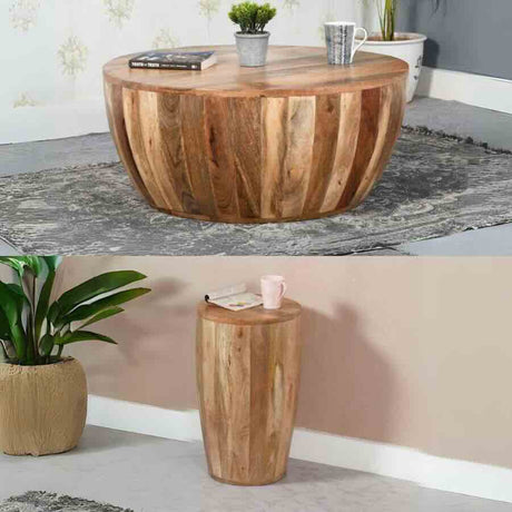 Rustic-Round-Solid-Mango-Wood-Coffee-Table-_-Side-Table-Set-Drum-Style