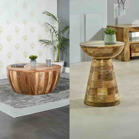 Rustic-Round-Solid-Mango-Wood-Drum-Style-Coffee-Table-_-Mushroom-Style-Side-Table-Set