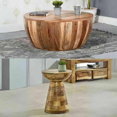 Rustic-Round-Solid-Mango-Wood-Drum-Style-Coffee-Table-_-Mushroom-Style-Side-Table-Set