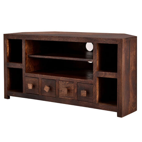 Puri Rustic Solid Dark Mango Wood Corner TV Stand With Storage