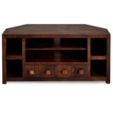 Puri Rustic Solid Dark Mango Wood Corner TV Stand With Storage