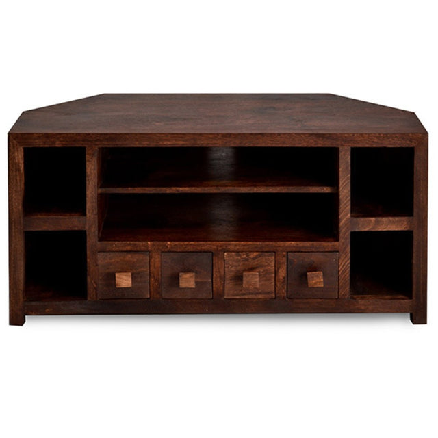 Puri Rustic Solid Dark Mango Wood Corner TV Stand With Storage