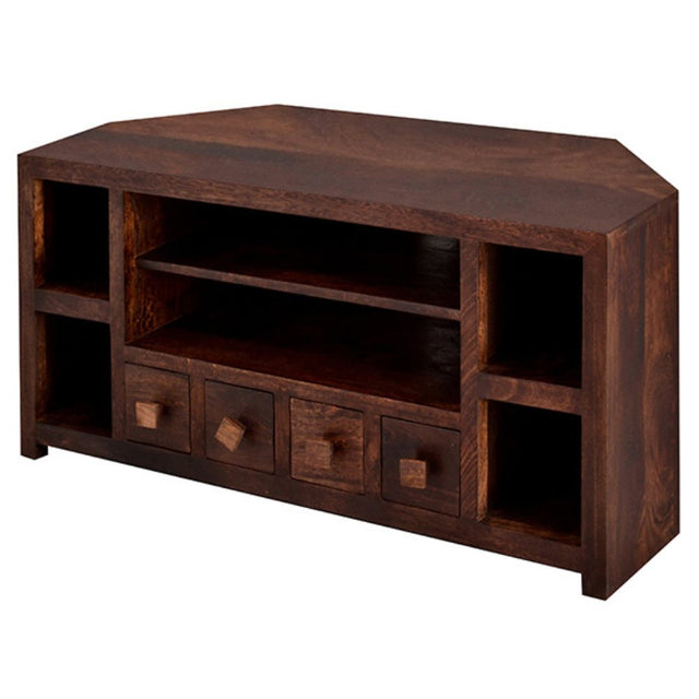 Puri Rustic Solid Dark Mango Wood Corner TV Stand With Storage