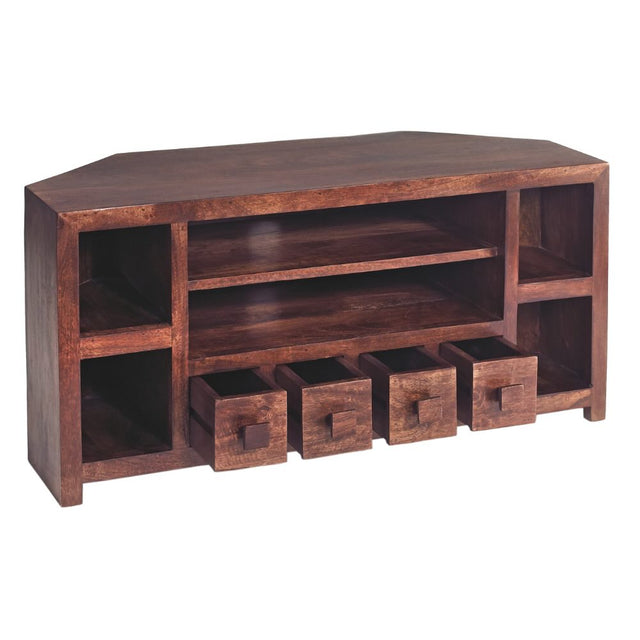 Puri Rustic Solid Dark Mango Wood Corner TV Stand With Storage