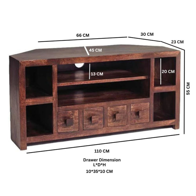 Puri Rustic Solid Dark Mango Wood Corner TV Stand With Storage