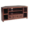 Puri Rustic Solid Dark Mango Wood Corner TV Stand With Storage