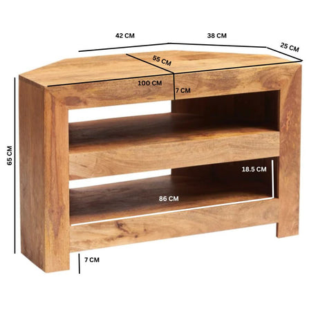 Puri Rustic Light Mango Wood Corner TV Stand With Shelves