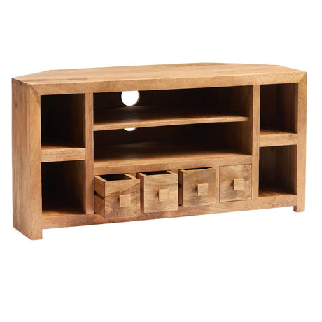 Puri Rustic Light Mango Wood Corner TV Stand With Storage