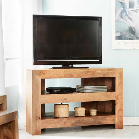 Puri Rustic Light Mango Wood Corner TV Stand With Shelves