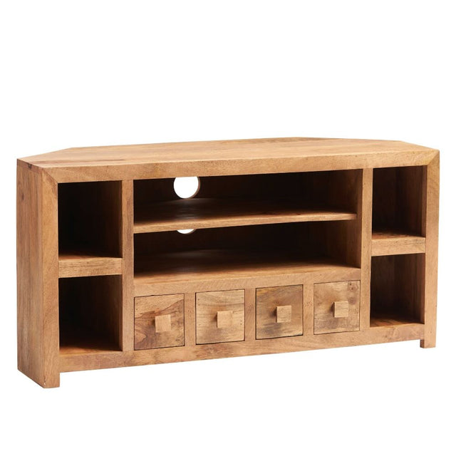 Puri Rustic Light Mango Wood Corner TV Stand With Storage