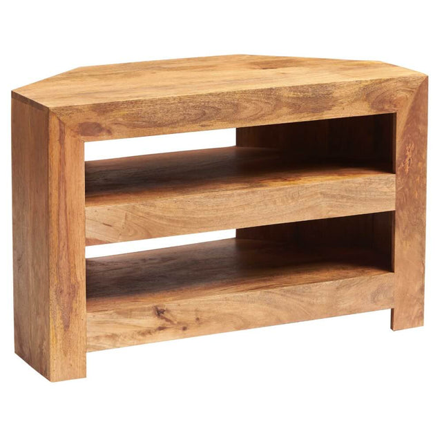 Puri Rustic Light Mango Wood Corner TV Stand With Shelves