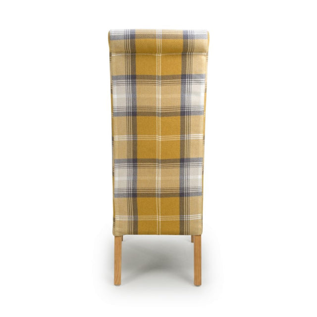 Rustic-Yellow-Checkered-Linen-Scroll-Back-Dining-Chair-Wooden-Legs-Set-of-2