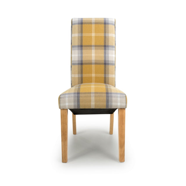 Rustic-Yellow-Checkered-Linen-Scroll-Back-Dining-Chair-Wooden-Legs-Set-of-2