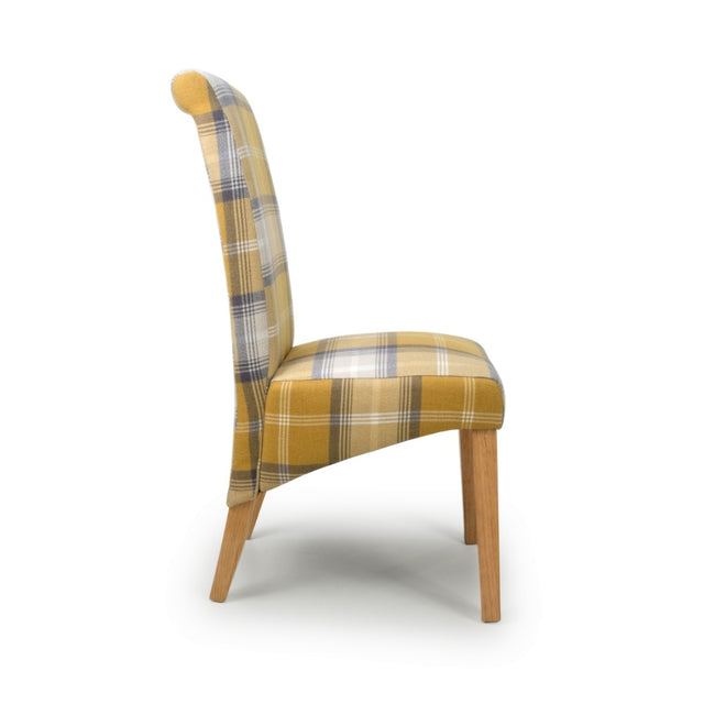 Rustic-Yellow-Checkered-Linen-Scroll-Back-Dining-Chair-Wooden-Legs-Set-of-2