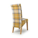 Rustic-Yellow-Checkered-Linen-Scroll-Back-Dining-Chair-Wooden-Legs-Set-of-2