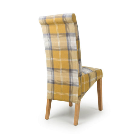 Rustic-Yellow-Checkered-Linen-Scroll-Back-Dining-Chair-Wooden-Legs-Set-of-2