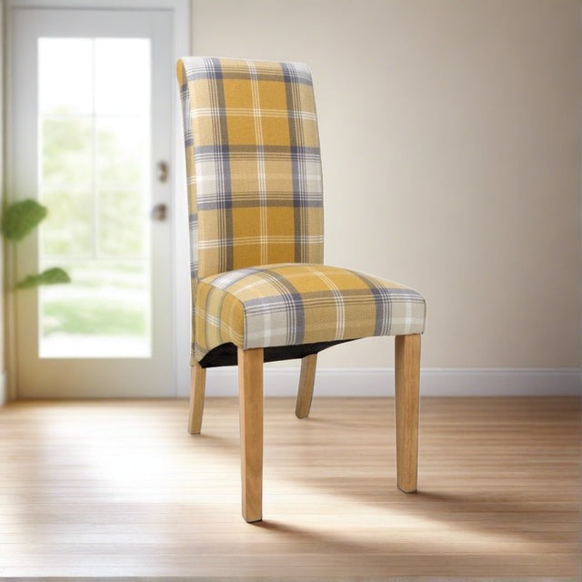 Rustic-Yellow-Checkered-Linen-Scroll-Back-Dining-Chair-Wooden-Legs-Set-of-2