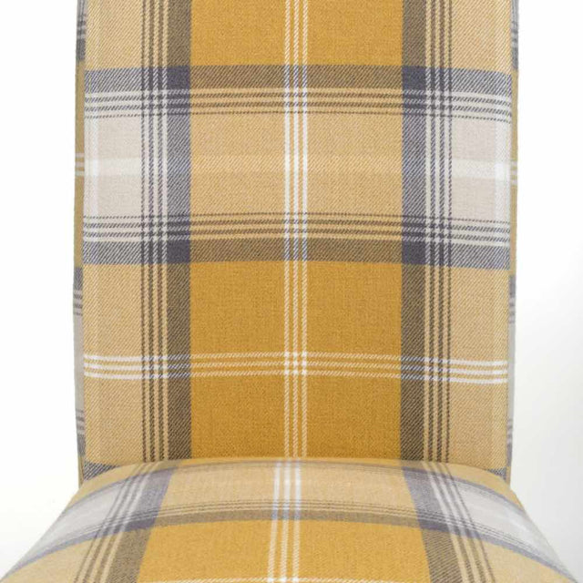 Rustic-Yellow-Checkered-Linen-Scroll-Back-Dining-Chair-Wooden-Legs-Set-of-2