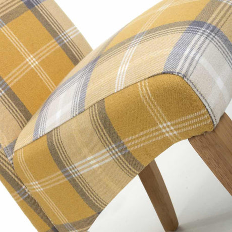 Rustic-Yellow-Checkered-Linen-Scroll-Back-Dining-Chair-Wooden-Legs-Set-of-2