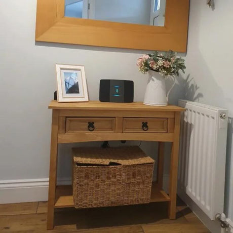 Rustic-light-oak-hallway-console-table-with-double-drawer-in-light-pine-wood