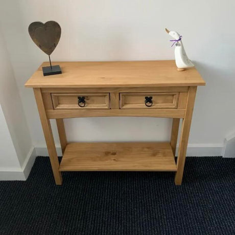 Rustic-light-oak-hallway-console-table-with-double-drawer-in-light-pine-wood