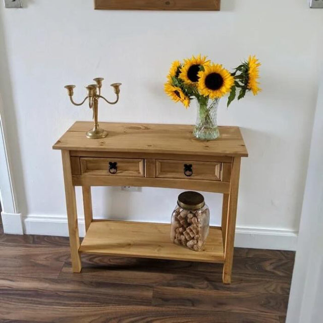 Rustic-light-oak-hallway-console-table-with-double-drawer-in-light-pine-wood