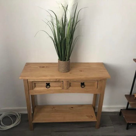 Rustic-light-oak-hallway-console-table-with-double-drawer-in-light-pine-wood